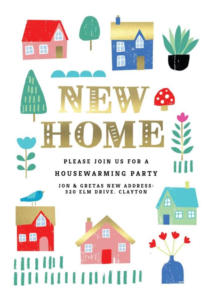 Housewarming invitation showcasing 'New Home' in elegant gold text, complemented by illustrations of houses and lush plants.