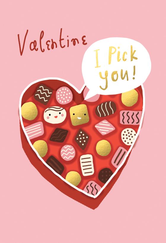 Greeting card featuring a heart-shaped box of chocolates illustration, perfect for a sweet sentiment.
