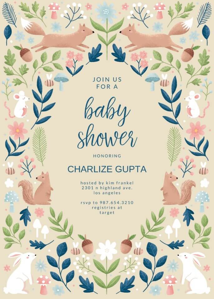 Baby shower invitation by Bethan Richards for Greetings Island, depicting a charming forest setting with cute forest animals and lush greenery.