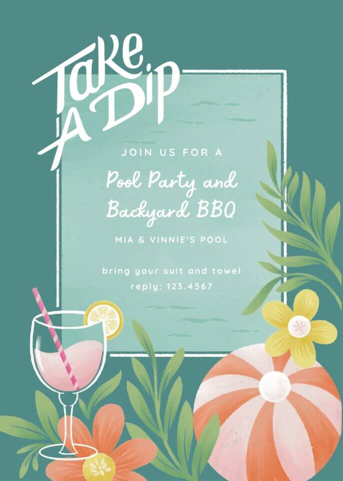 Pool party invite by Gia Graham, 'Take a Dip' in white text on green, with summer and pool day illustrations.