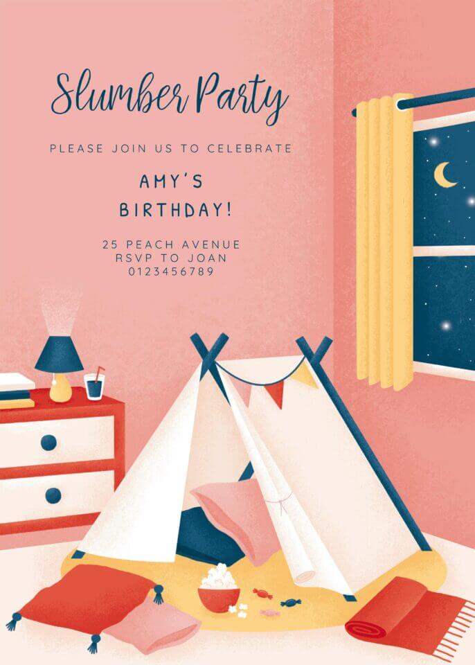 Teepee tent birthday invitation for a sleepover party, designed by Bethan Richards for Greetings Island, featuring a room with a teepee tent, pink walls, and dark blue text.