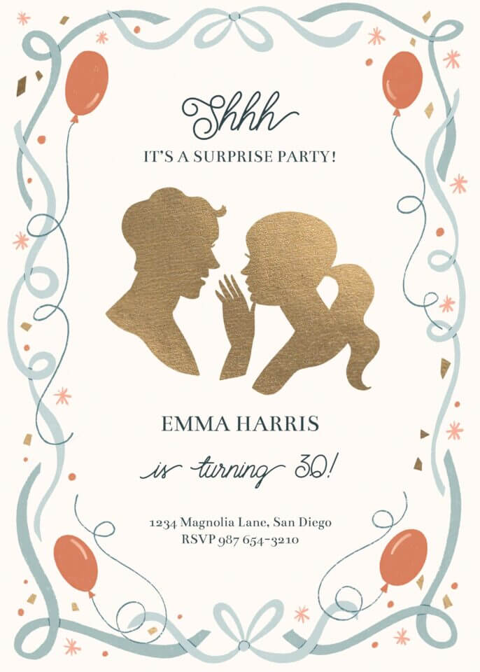 A 'Golden Surprise' birthday party invitation crafted by Meghann Rader for Greetings Island, exuding elegance with its shimmering gold accents and sophisticated design that promises a memorable celebration.