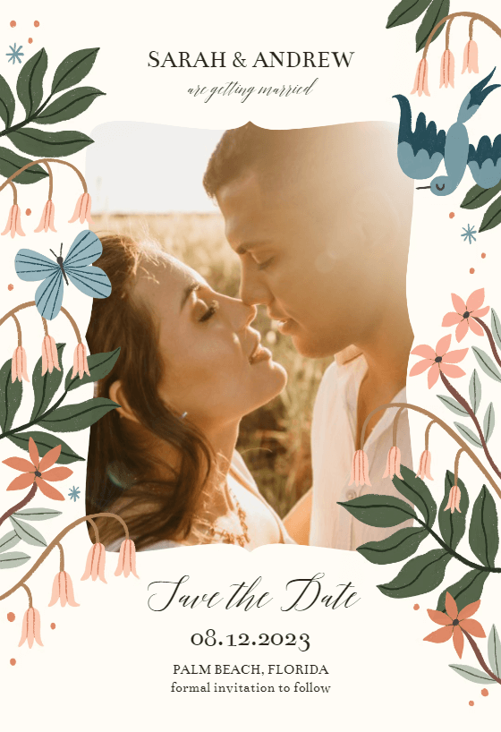 The 'Terracotta Blossom' save-the-date card by Meghann Rader for Greetings Island frames a couple's photograph at the center, surrounded by the warm, earthy tones of terracotta florals, setting a heartfelt and inviting tone for their upcoming nuptials.