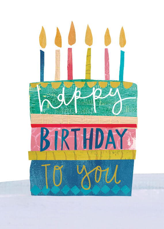 Happy Birthday card showcasing a three-layered cake piece with colorful lit candles in a festive illustration.