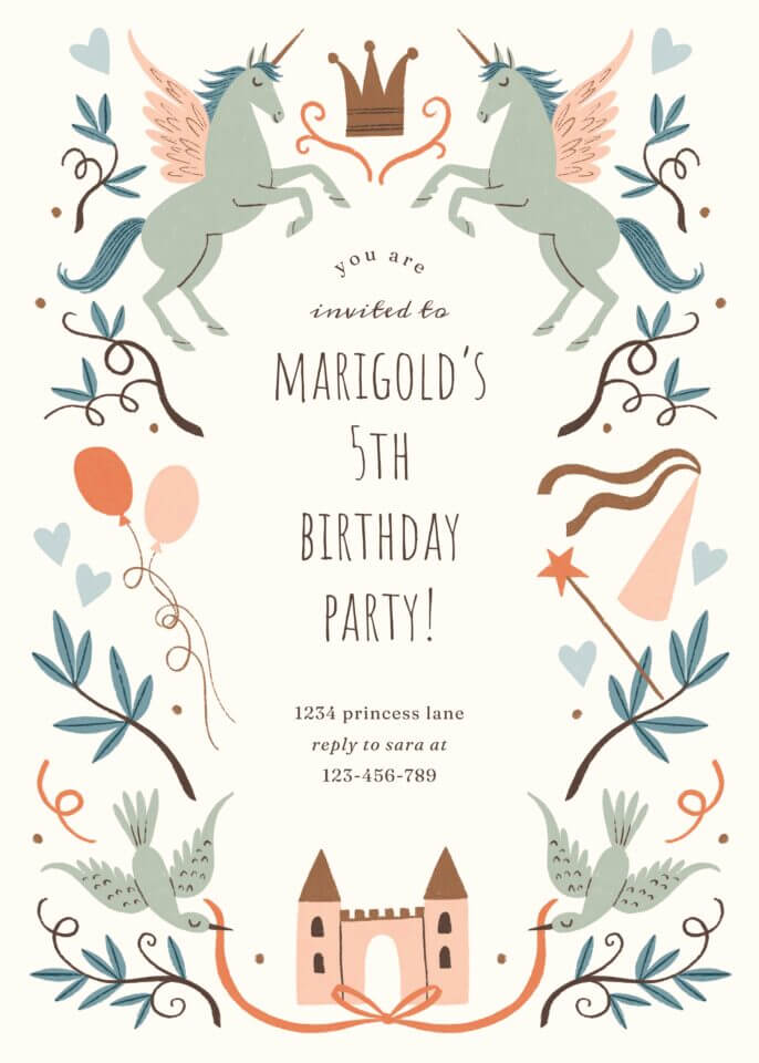 That Kind of Magic birthday party invitation, illustrated by Meghann Rader for Greetings Island, showcasing whimsical unicorn illustrations that add a touch of enchantment to the festivities