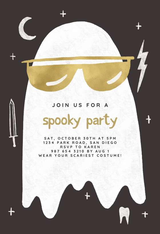 A Halloween party invitation featuring a whimsical illustration of a friendly ghost wearing gold sunglasses, creating a fun and slightly spooky theme perfect for a festive celebration.