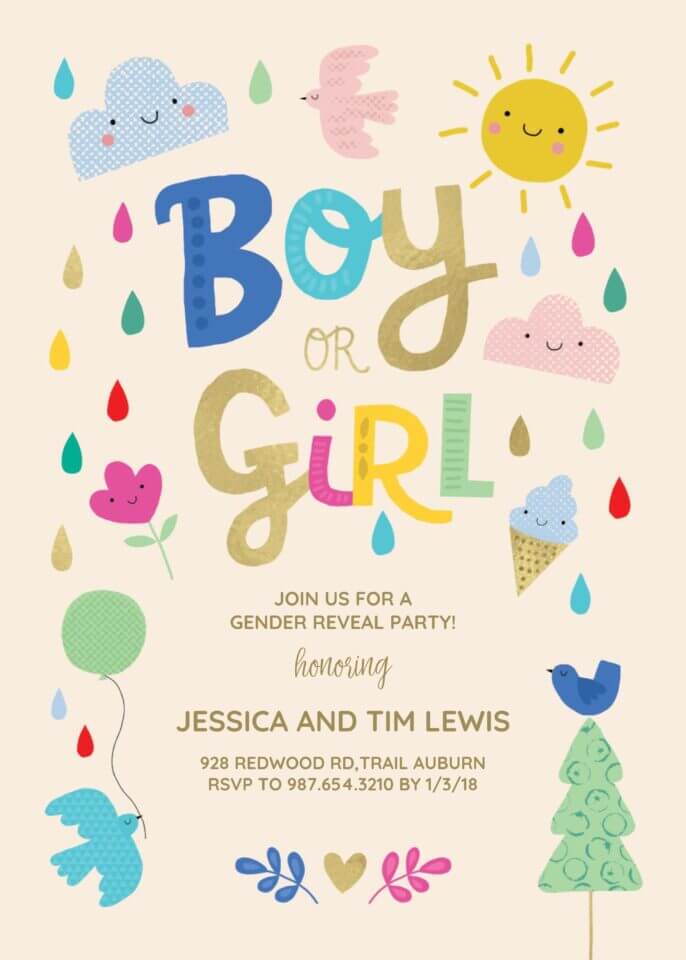 Gender reveal party invitation featuring 'Boy or Girl' in vibrant text, adorned with illustrations of the sun, a dove, clouds, and colorful rain.