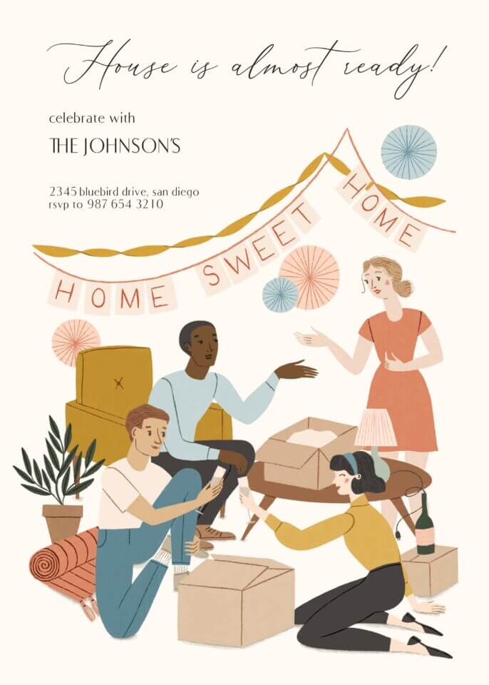 The 'Unboxing Day' housewarming invitation by Meghann Rader for Greetings Island captures the excitement of a new beginning, with charming illustrations that invite friends and family to help turn a house into a home.