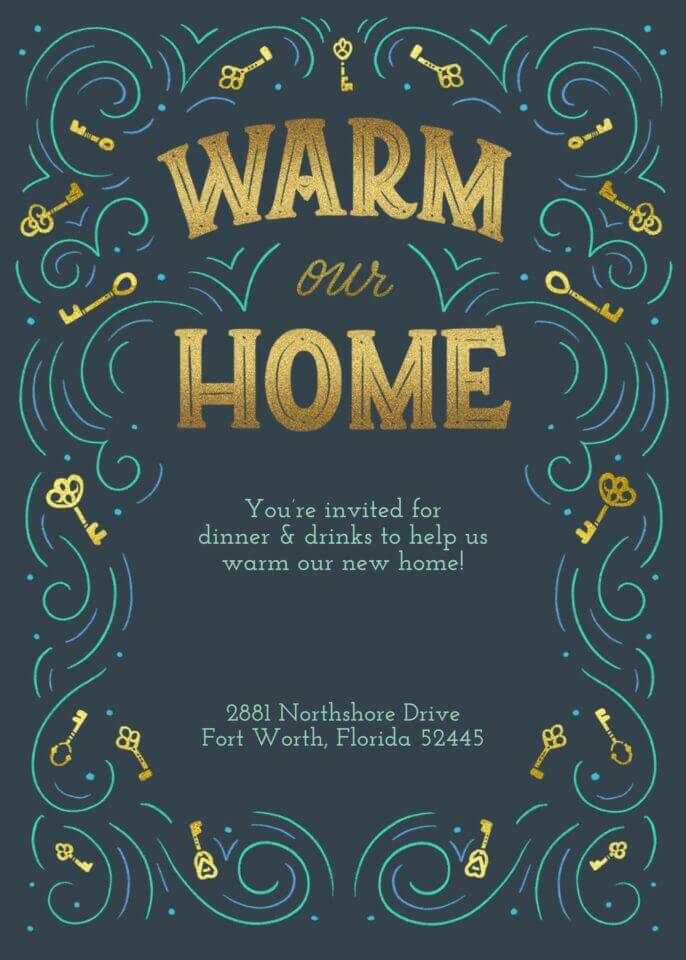 Housewarming invitation by Katie Made That, featuring 'Warm Our Home' text in shimmering gold against a dark green background, accented with an ornate pattern of lighter green lines and embellished with illustrations of golden keys, symbolizing new beginnings.