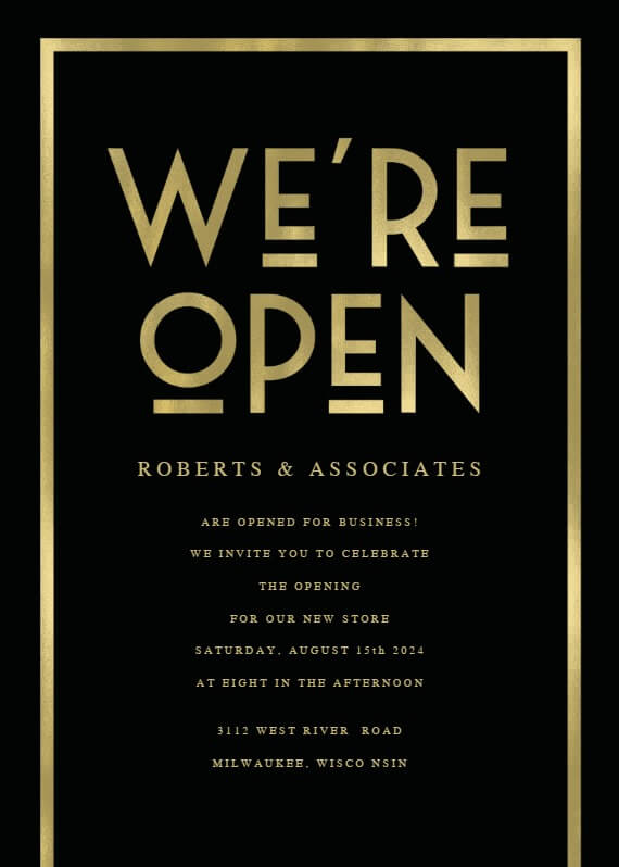 An invitation announcing 'We Are Open', with elegant gold text on a sleek black background, conveying a sense of sophistication and excitement