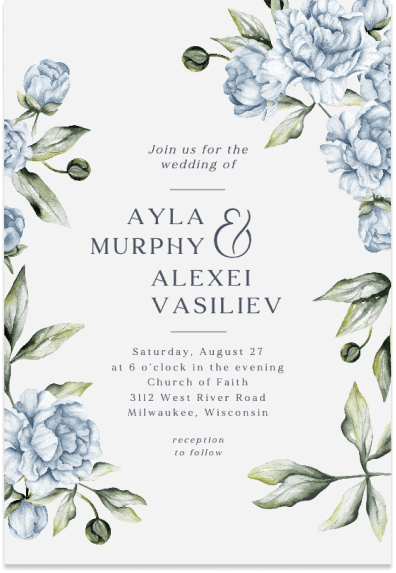 Wedding invite with blue flowers in bloom