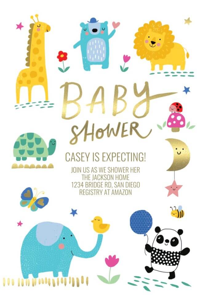 Baby shower invitation adorned with a charming array of animal illustrations including a lion, bear, giraffe, turtle, bird, moon, and elephant.