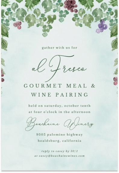 Elegant invitation design with a simple vineyard illustration. It depicts rows of grapevines, rolling hills, and a distant chateau, in soft, natural colors, complemented by delicate typography for event details.