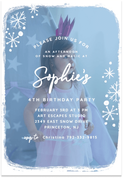 Winter birthday invitation with snowflake illustrations and photograph of little girl in background