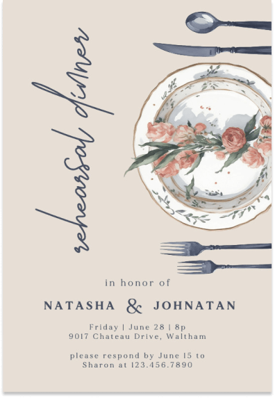 wedding rehearsal dinner invitation, illustration of tableware with plates and decor