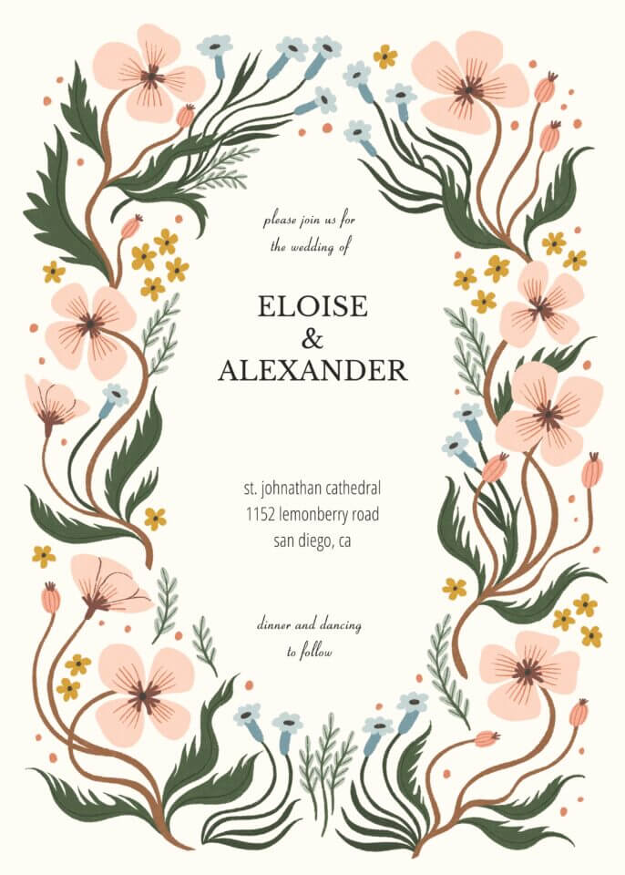 The 'Wonderland Floral' wedding invitation, designed by Meghann Rader for Greetings Island, features a lush array of flowers that transports guests to a dreamy, botanical wonderland, perfect for celebrating the union of two hearts.