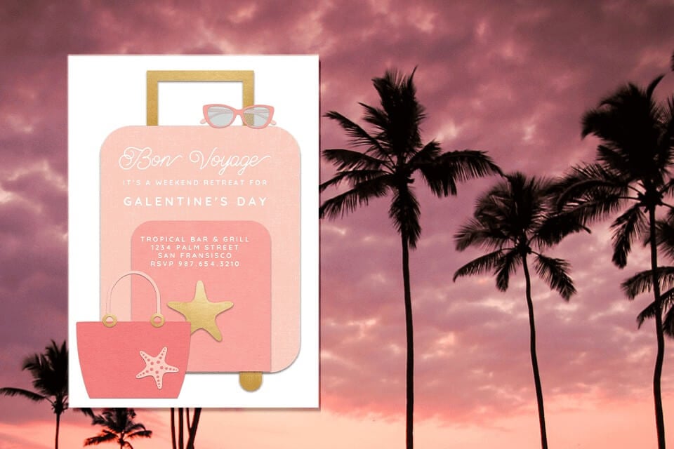 Bon Voyage! Join us for a Galentine's Day Weekend Getaway. Our invitation features illustrations of pink luggage and a stylish handbag, set against a backdrop of towering palm trees silhouetted against the vibrant red sunset sky.