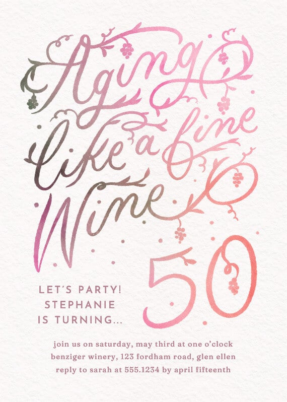 Birthday invitation celebrating the theme "Aging Like a Fine Wine," adorned with a vibrant vineyard design and colorful typography, promising a festive and sophisticated celebration.