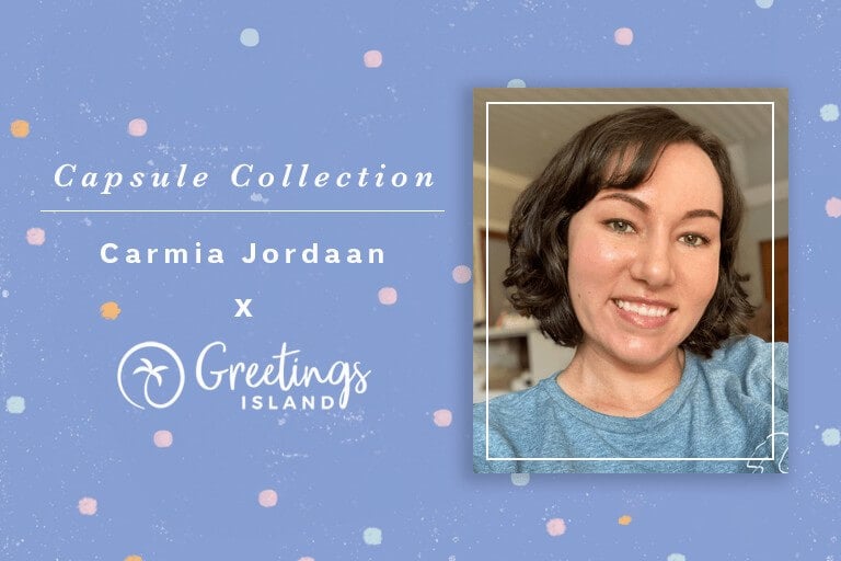 A banner featuring a portrait of Carmia Jordaan, showcasing her capsule collection for Greetings Island, with designs created by the designer herself.