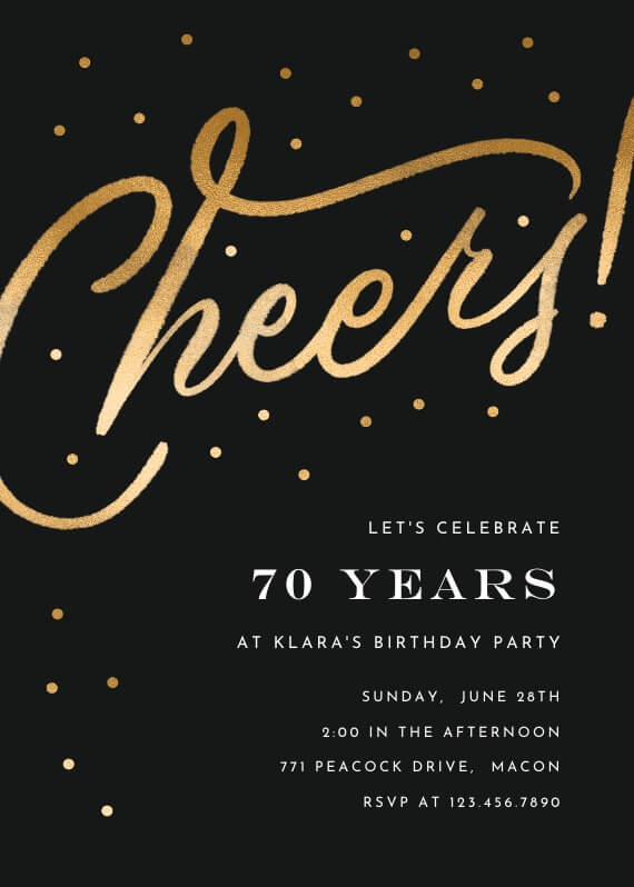 Birthday celebration invitation adorned with "Cheers" in golden letters against a chic black background, promising an elegant and festive occasion.