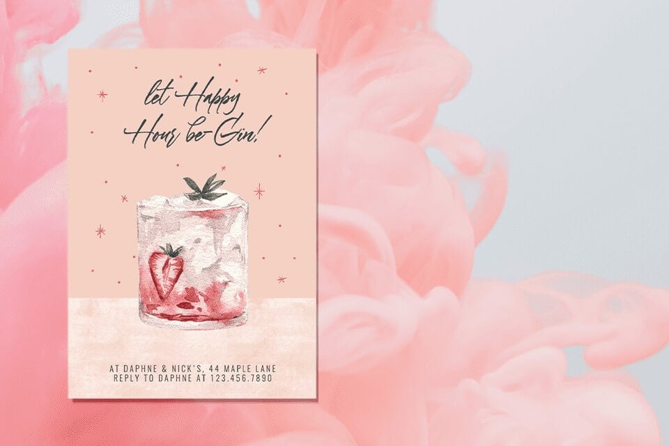 Invitation to a Galentine's Day Cocktail Party, showcasing a cocktail glass filled with a delightful drink, ice cubes, and a fresh strawberry garnish, set against a backdrop of swirling pink smoke.