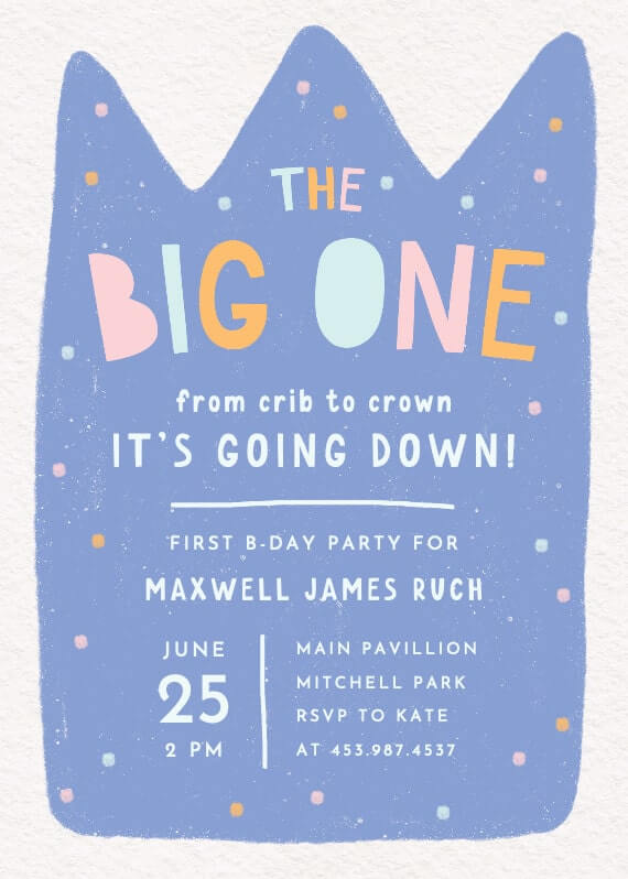 Whimsical 1st birthday invitation celebrating "The Big One," featuring a playful purple crown illustration adorned with vibrant dots, promising a joyous and festive celebration for the little one's special milestone.