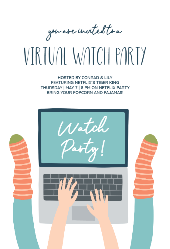 Virtual watch party invitation with a vibrant illustration capturing the essence of togetherness, showcasing an open laptop as the focal point, with a person joyfully engaging in the virtual event on the screen.
