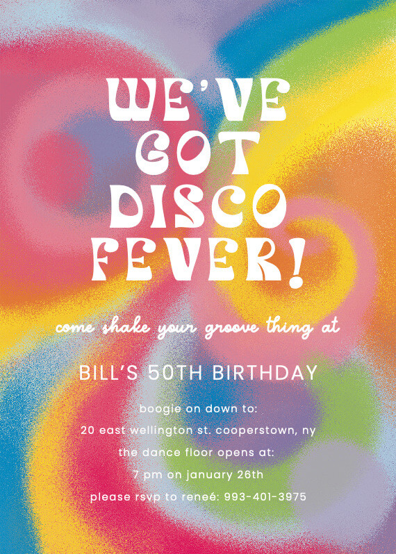 we've got disco fever! birthday invitation in colourful swirly design