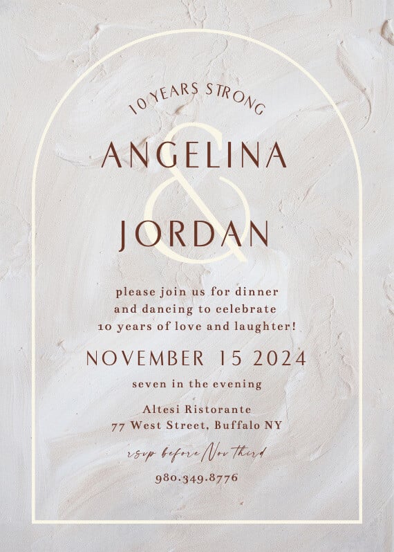 Elegant 10-year anniversary invitation with a textured background, adorned with sophisticated brown text and a simple cream border