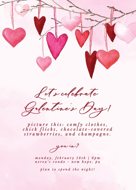 An illustration for a Galentine's Day invitation, displaying heart ornaments in pink, light pink, and red, hanging from a tree branch at the top. The background is a soft light pink, with text in burgundy, creating a festive and elegant look.