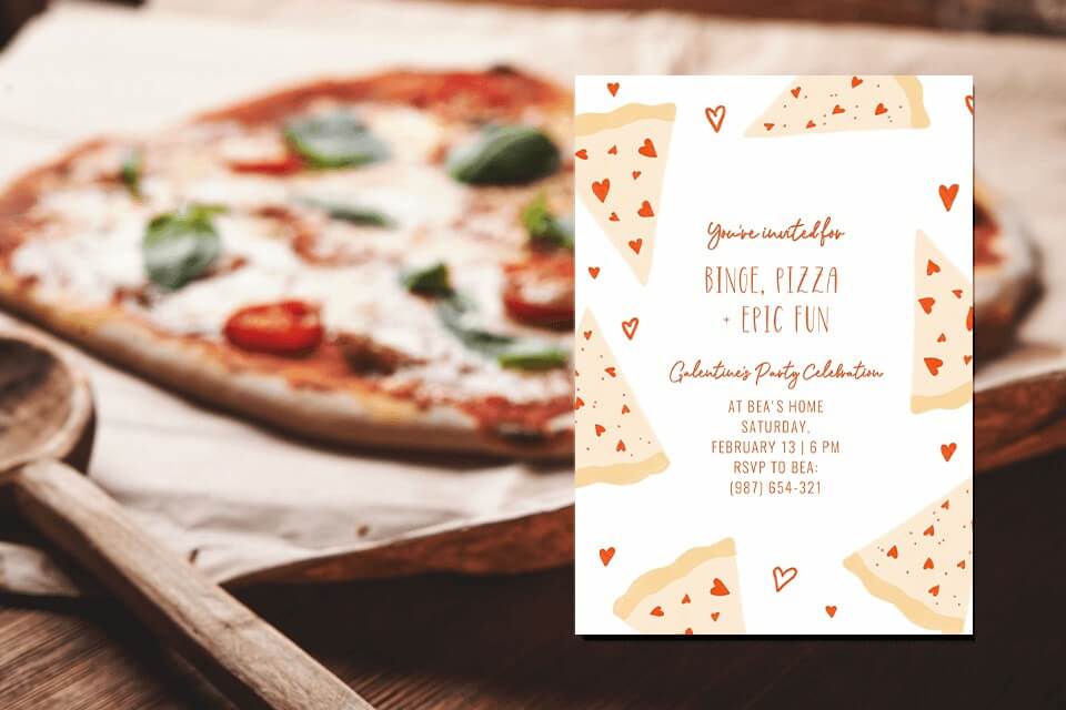 Galentine's Day Invitation for a Binge, Pizza, and Epic Fun Party, featuring delightful illustrations of heart-adorned pizza slices, set against a backdrop of a baked pizza