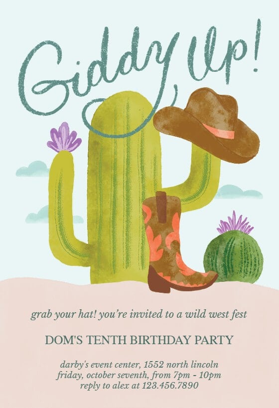 Vibrant "Giddy Up!" birthday invitation featuring a lively cactus illustration in a Wild West theme, complete with a stylish cowboy hat and boots.