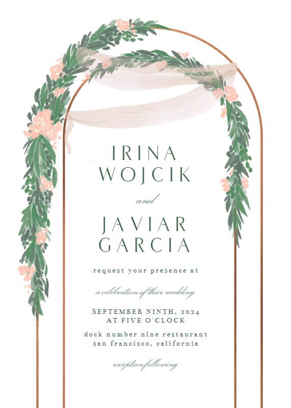 Elegant wedding invitation adorned with a gracefully illustrated wreath of simple and refined flowers, exuding timeless charm.