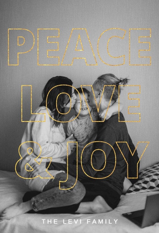 peace, love & joy family portrait in black and white with gold font