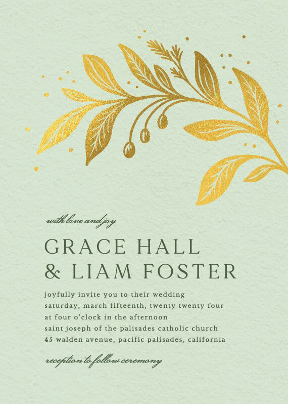 Elegant wedding invitation adorned with a delicately illustrated golden branch, set against a soft light green background, exuding timeless charm.