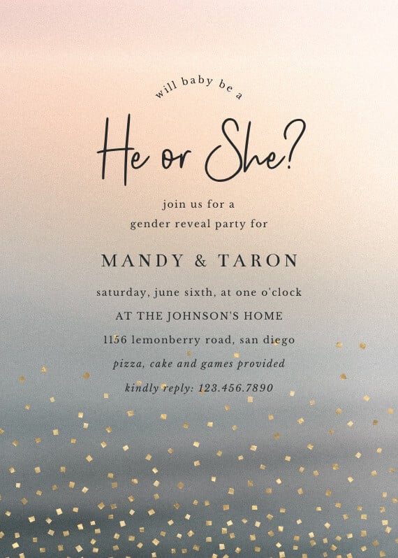 A dazzling gender reveal party invitation featuring a gradient background of soft blue and pink hues, adorned with golden sparkles.
