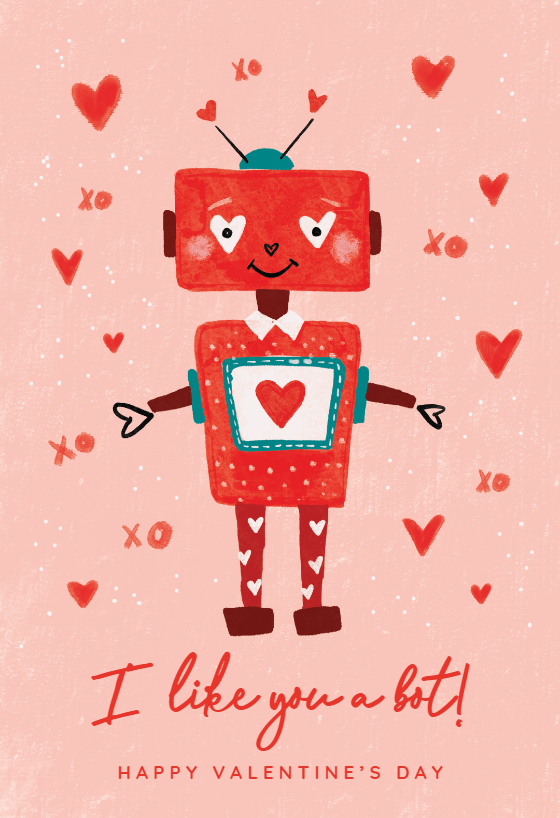 Valentine's Day card featuring an adorable red robot holding a heart-shaped bouquet of flowers, surrounded by a shower of heart-shaped confetti.