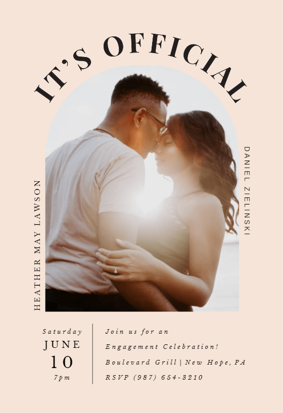 Inviting engagement party announcement with "It's Official" elegantly encircling an artistic portrait of the couple, creating a captivating and personalized touch to the celebration.