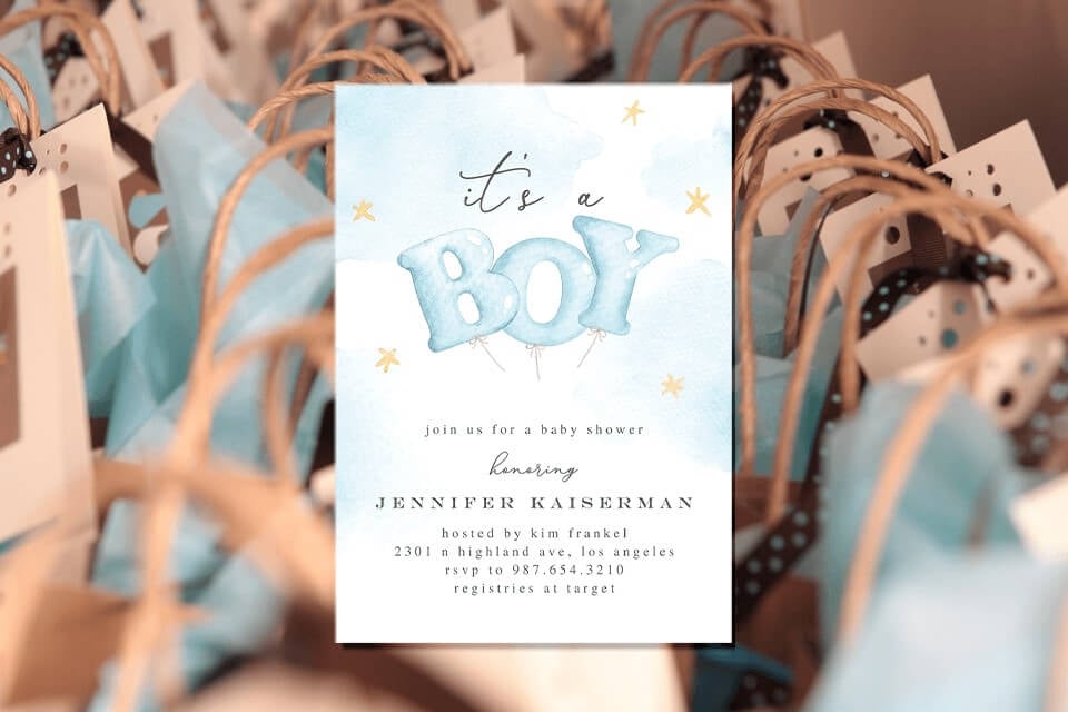 A boy baby shower invitation with 'BOY' written in playful balloon letters on a light blue background. Rows of matching blue gift bags for guests are subtly arranged in the background.