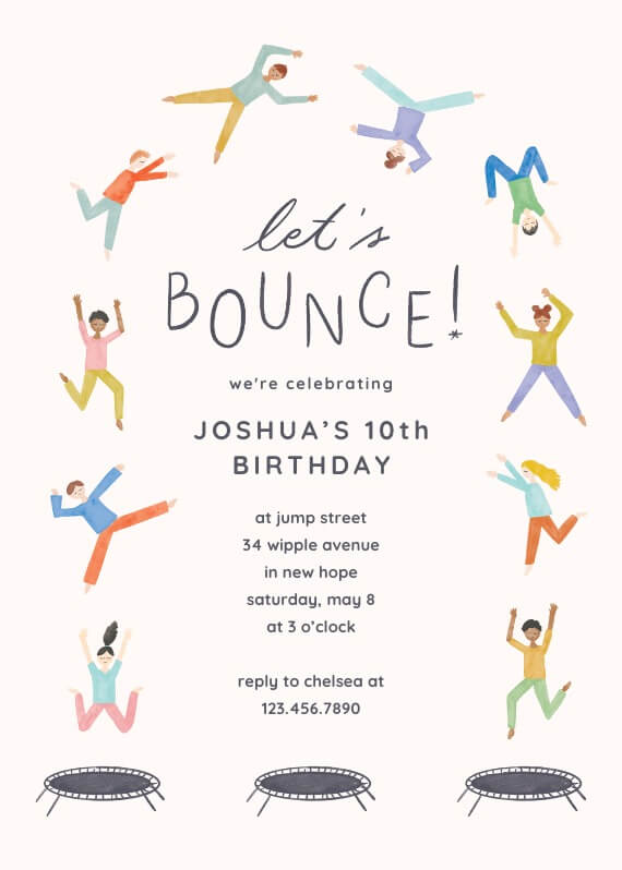 Invitation to a lively birthday party with the energetic theme, "Let's Bounce," featuring dynamic illustrations of people joyfully dancing and celebrating.
