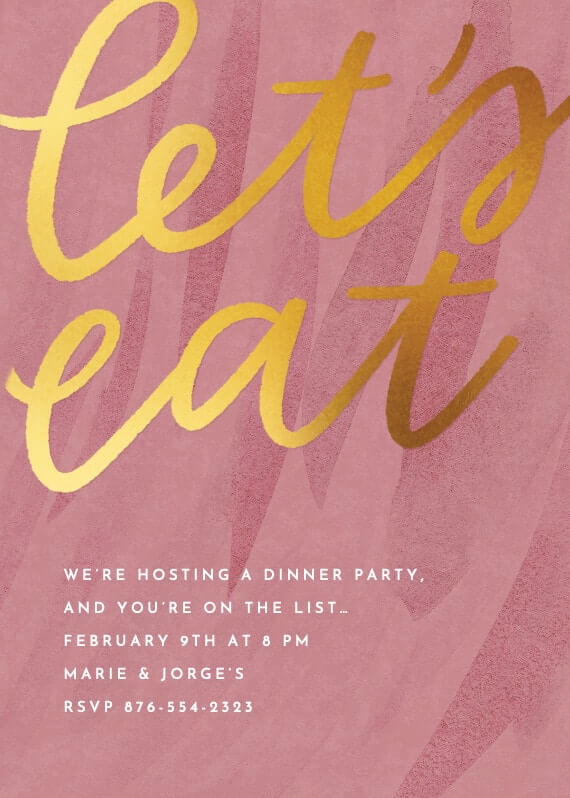Invitation to a Glamorous Dinner Party: Elegant gold text against a backdrop of soft pink brush strokes