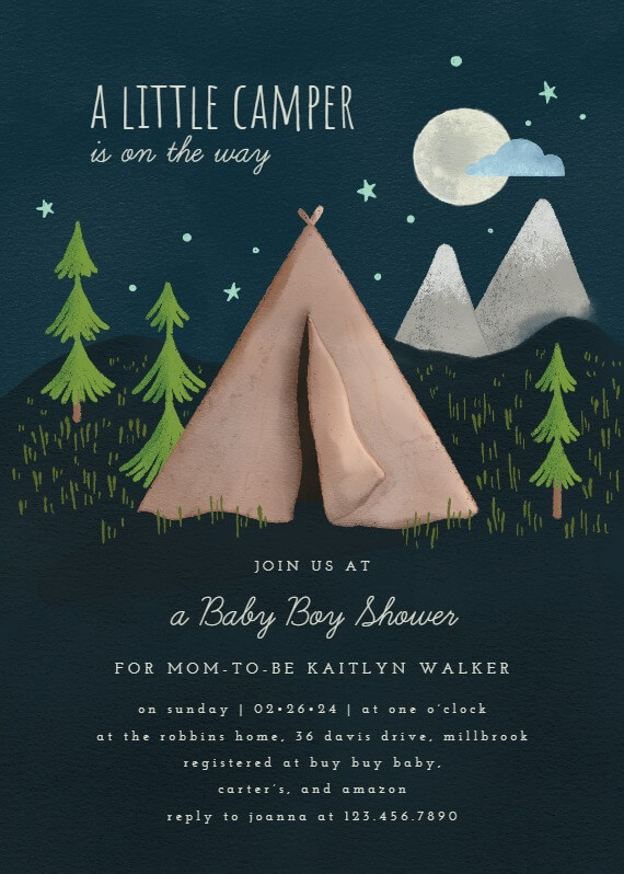 Birthday invitation for a little camper featuring an adorable camping setup illustration with a tent, crescent moon, and trees, promising a night of outdoor adventure.