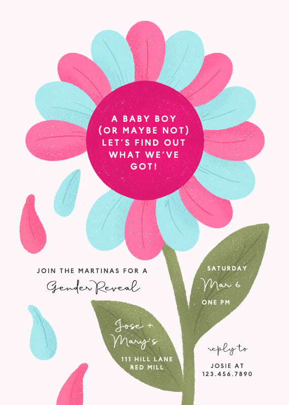 Invitation to a gender reveal party featuring the enchanting theme "Love Me, Love Me Not," adorned with a delicate flower design in shades of blue and pink, creating an air of anticipation for whether it's a baby boy or girl.