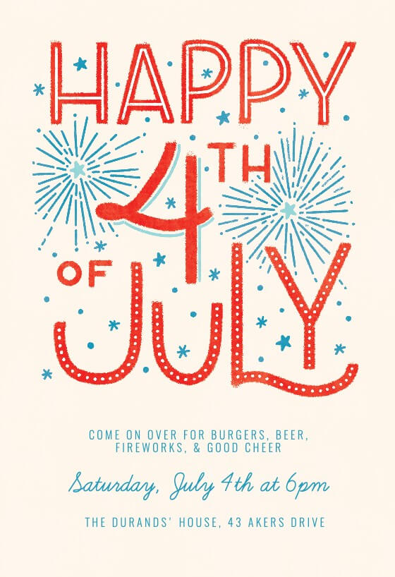 Invitation to a joyful 4th of July celebration, featuring a dazzling illustration of fireworks against a festive backdrop, with text elegantly highlighted in red.