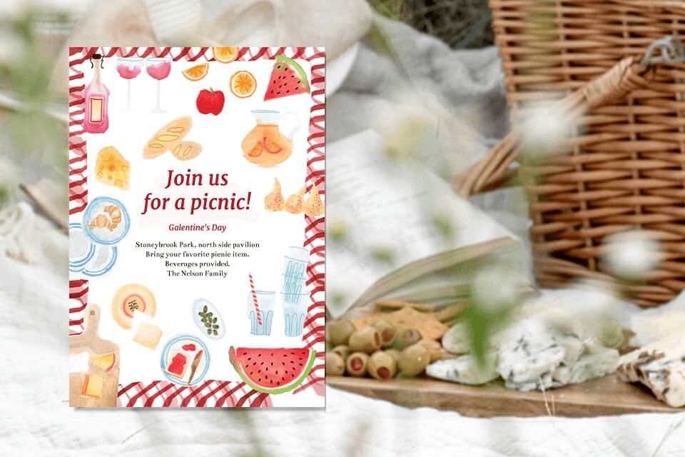 join us for a picnic, galentines day invite, illustrations of bread, fruits, different foods, coerner of invite resembles a p;icnic throw. set against a picnic scene with nasket and food, book
