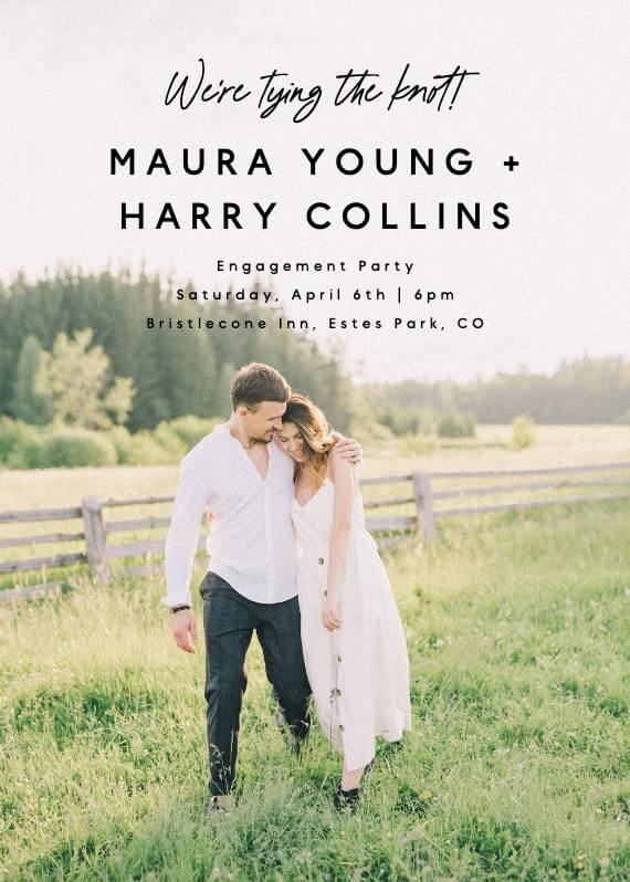 
A sophisticated engagement party invitation featuring a simple and elegant design, with a captivating photograph of the happy couple in the background.