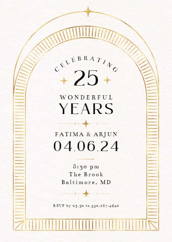 Sophisticated anniversary invitation featuring a luxurious golden border and elegant black text, exuding refined charm and timeless allure.