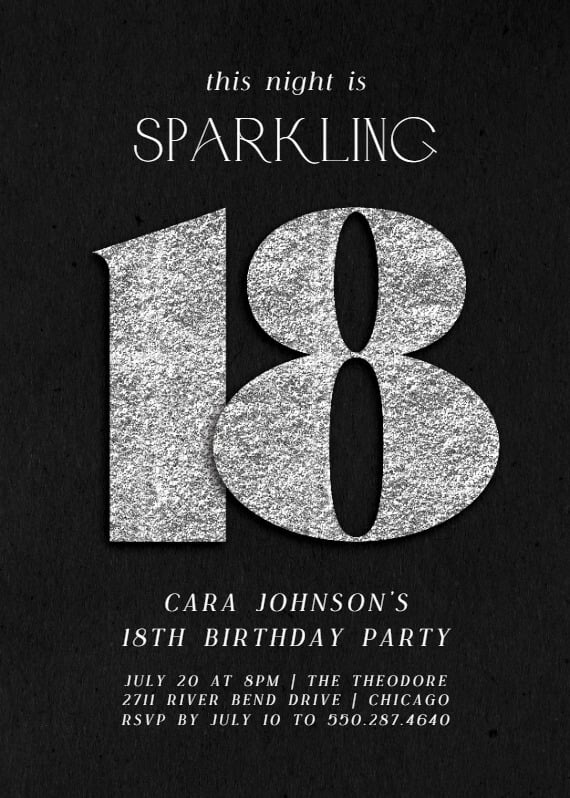 Glamorous birthday invitation with "The Night is Sparkling" text over a silver foil-effect number 18, set against a chic black background, promising an elegant and dazzling celebration.