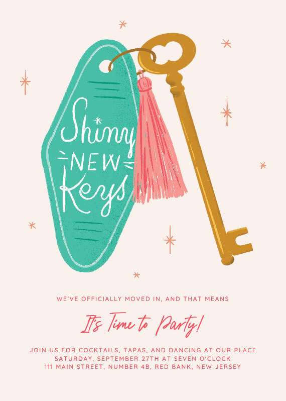 Invitation to a housewarming celebration featuring "Shiny New Keys," with a golden key and a green keychain illustration, symbolizing the excitement of a new home.