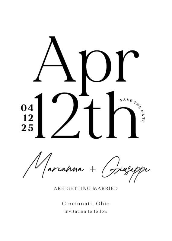 Sleek Bold typography wedding invitation, in black and white, with only the names in cursiv font